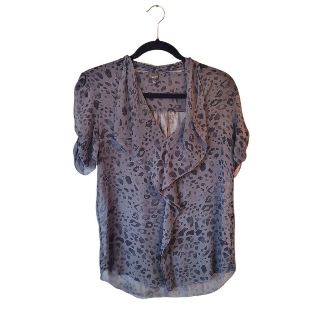 T. Babaton Women's Charcoal Grey Sheer Leopard Print 100% Silk Ruffle Blouse S